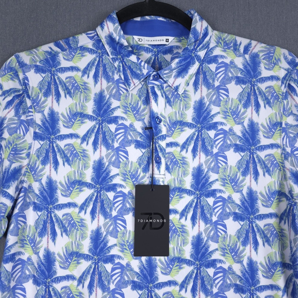 7 Diamonds Palmas Performance Golf Polo Mens Medium Tropical AOP Wicking Stretch